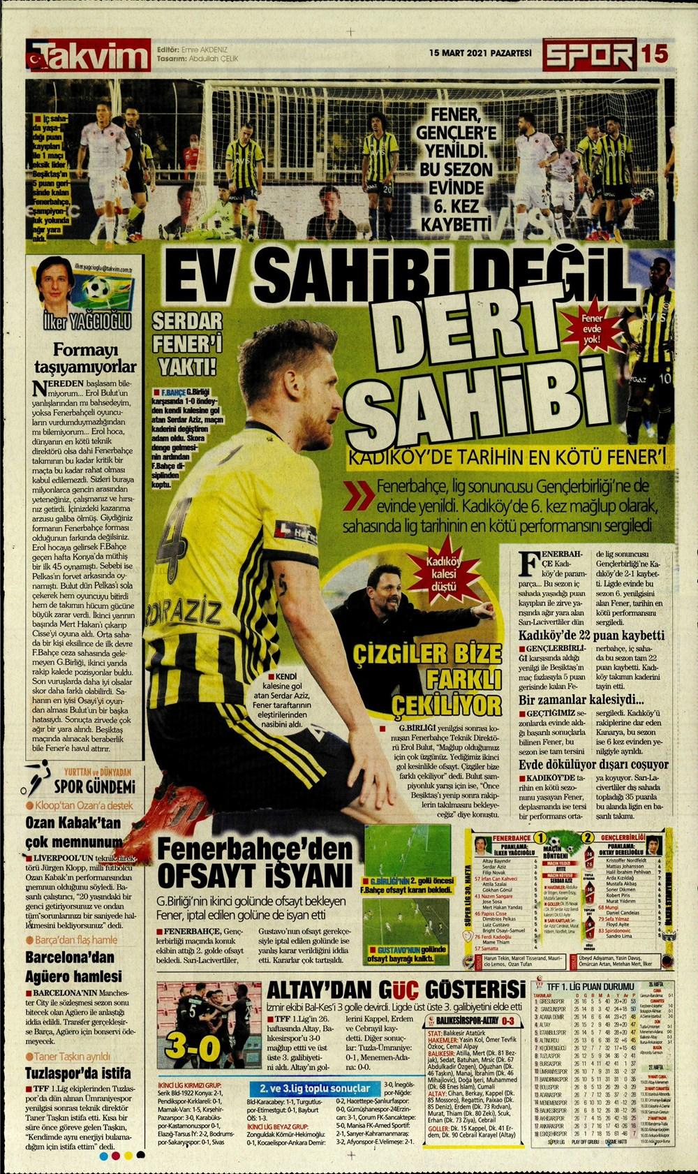 Fenerbahçe lige havlu attı (Spor Manşetleri 15 mart)